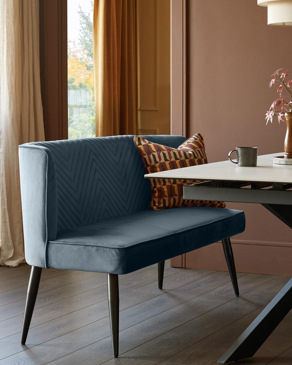 Banquette de salle à manger 3 places Serena en velours bleu-gris