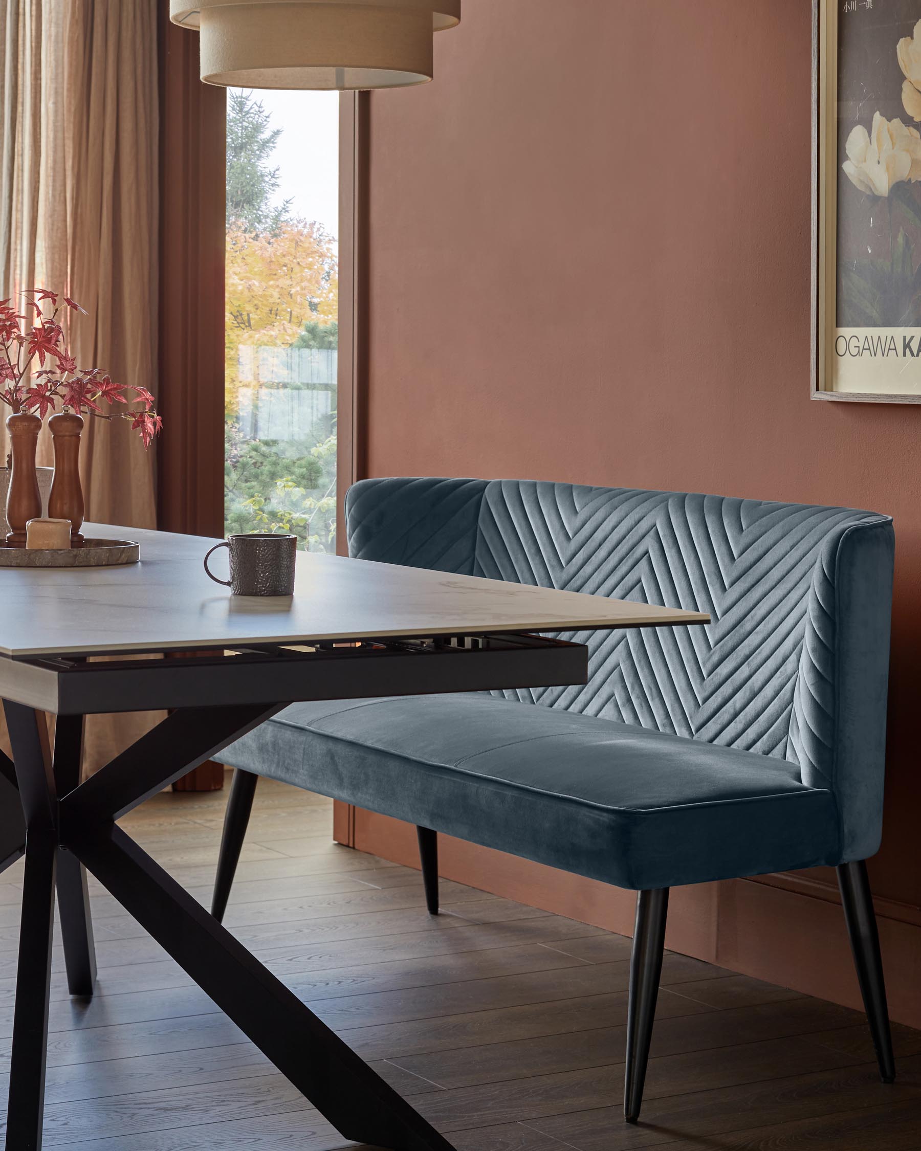 Banquette de salle à manger 3 places Serena en velours bleu-gris