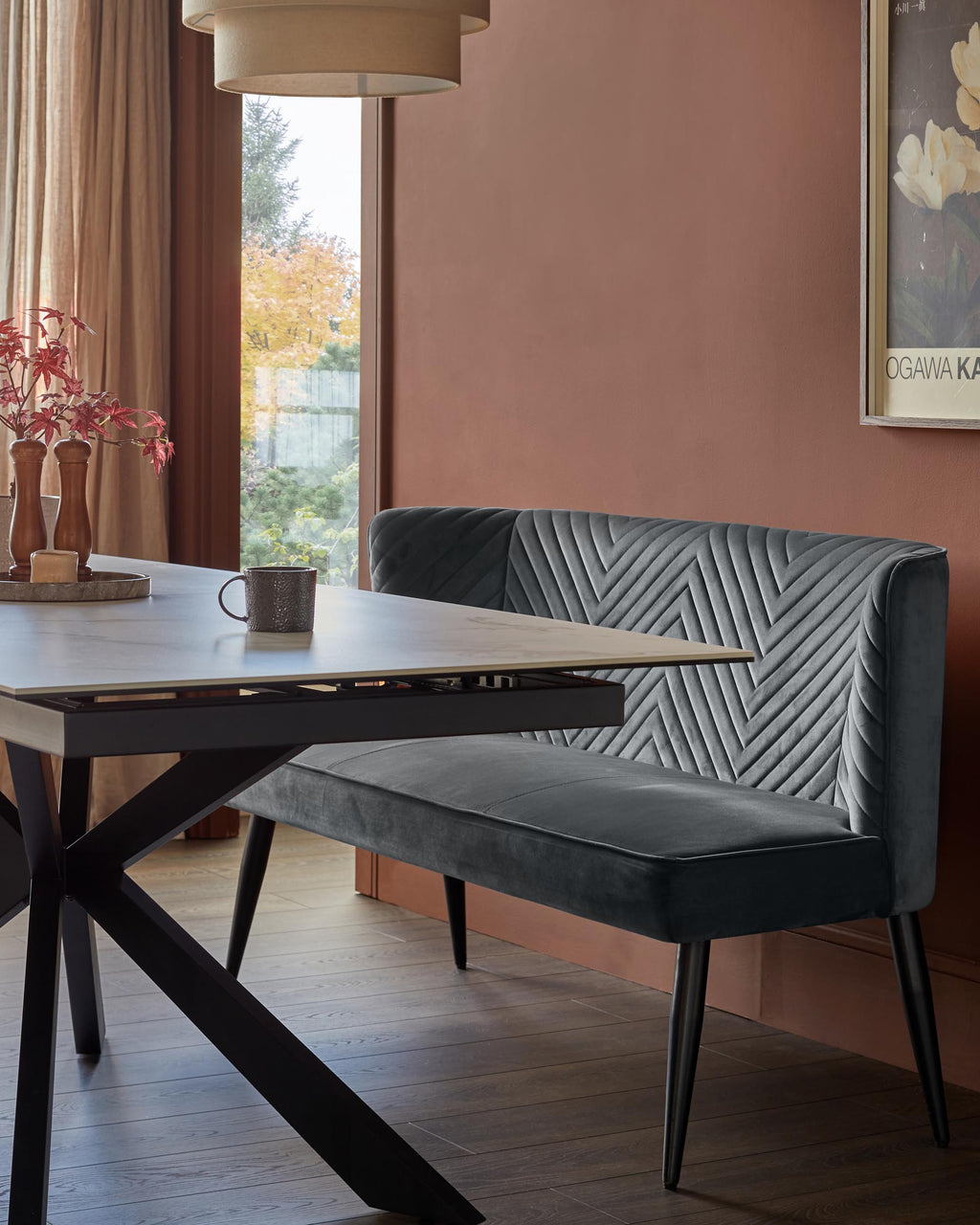 Banquette de salle à manger 3 places Serena en velours gris foncé