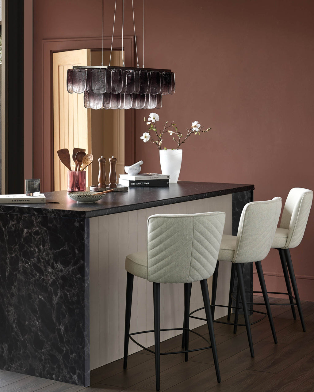 Tabouret de bar Serena en tissu bicolore ivoire