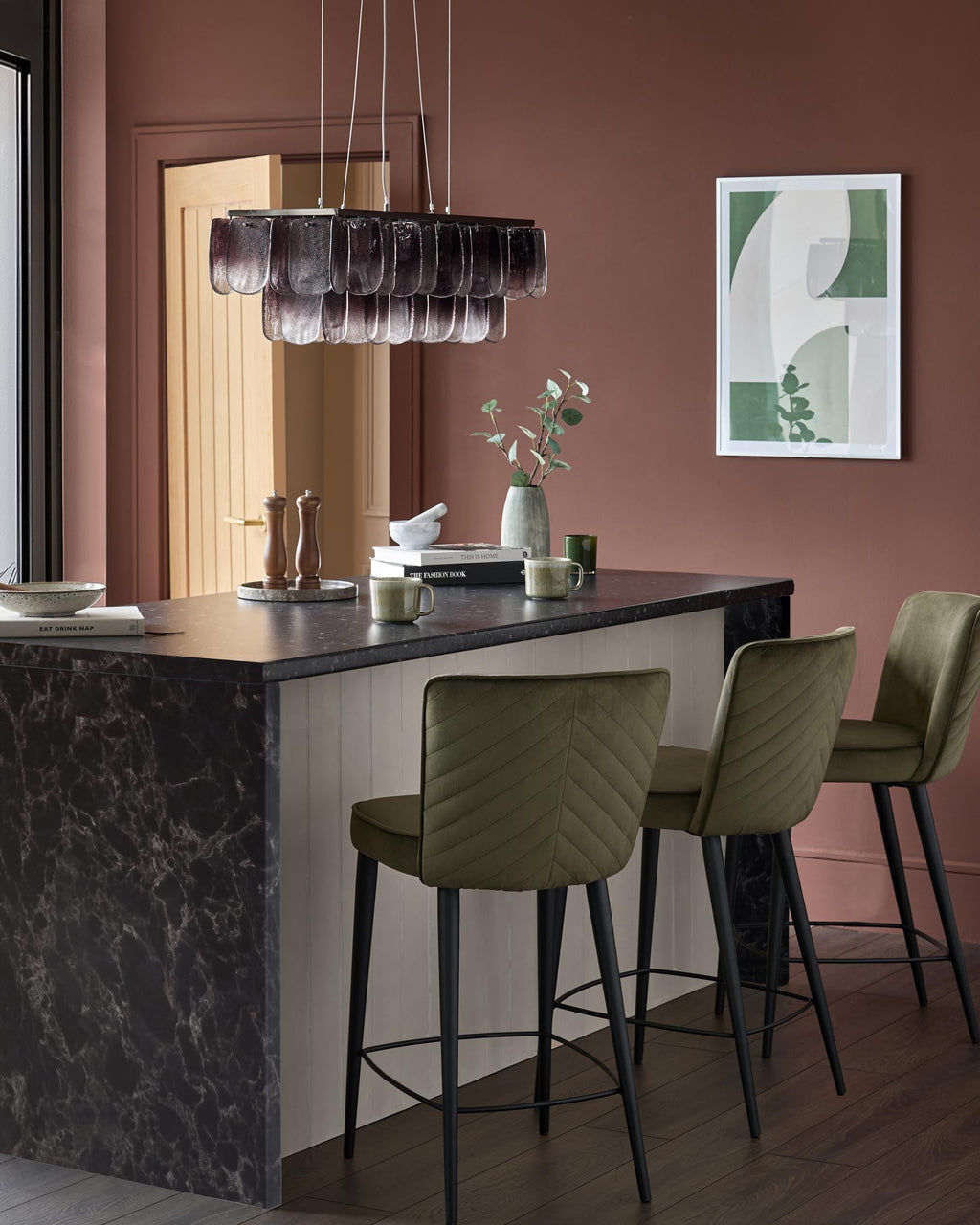 Tabouret de bar Serena en velours vert olive