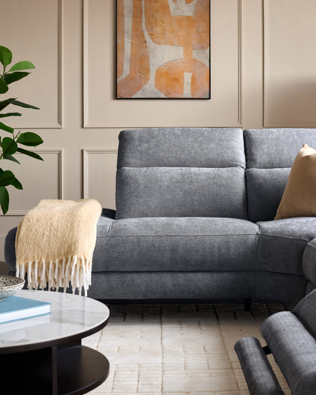 Canapé d'angle gauche inclinable en chenille bleu-gris serein