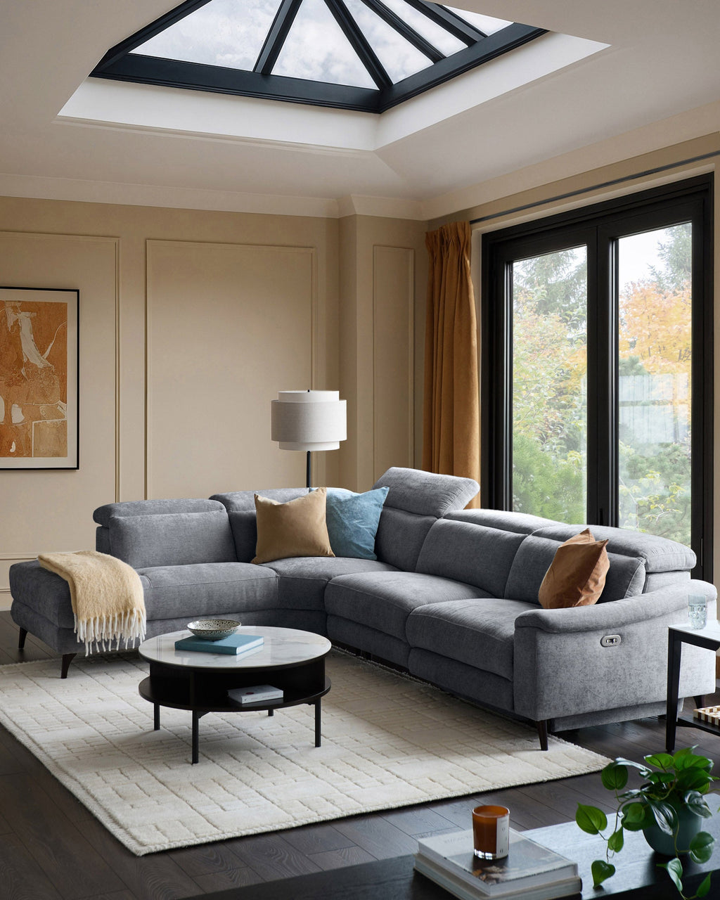 Canapé d'angle gauche inclinable en chenille bleu-gris serein