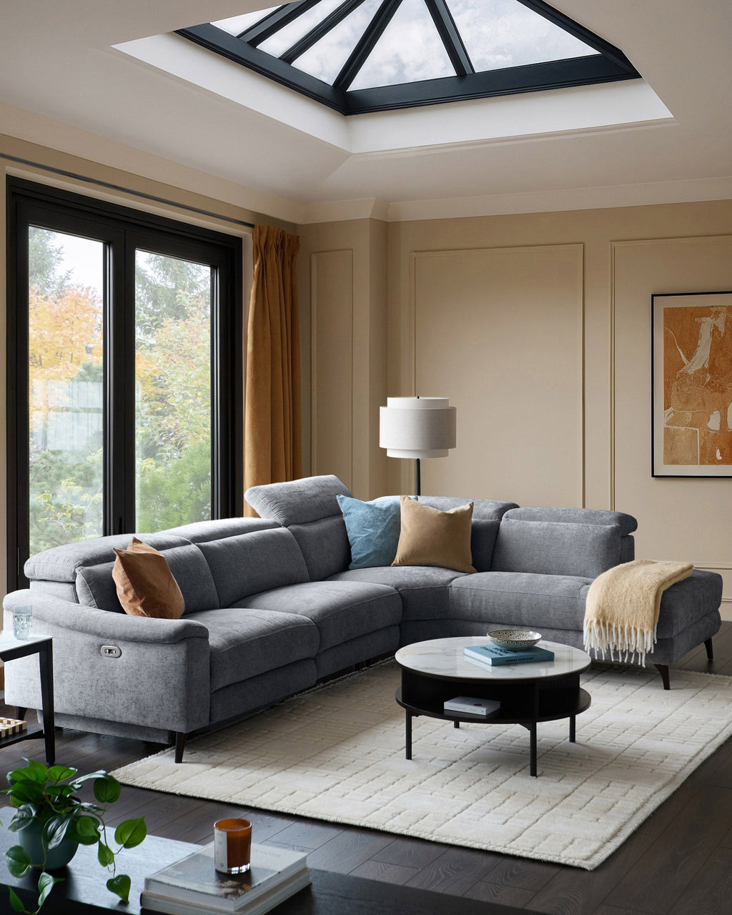 Canapé d'angle droit inclinable en chenille bleu-gris serein