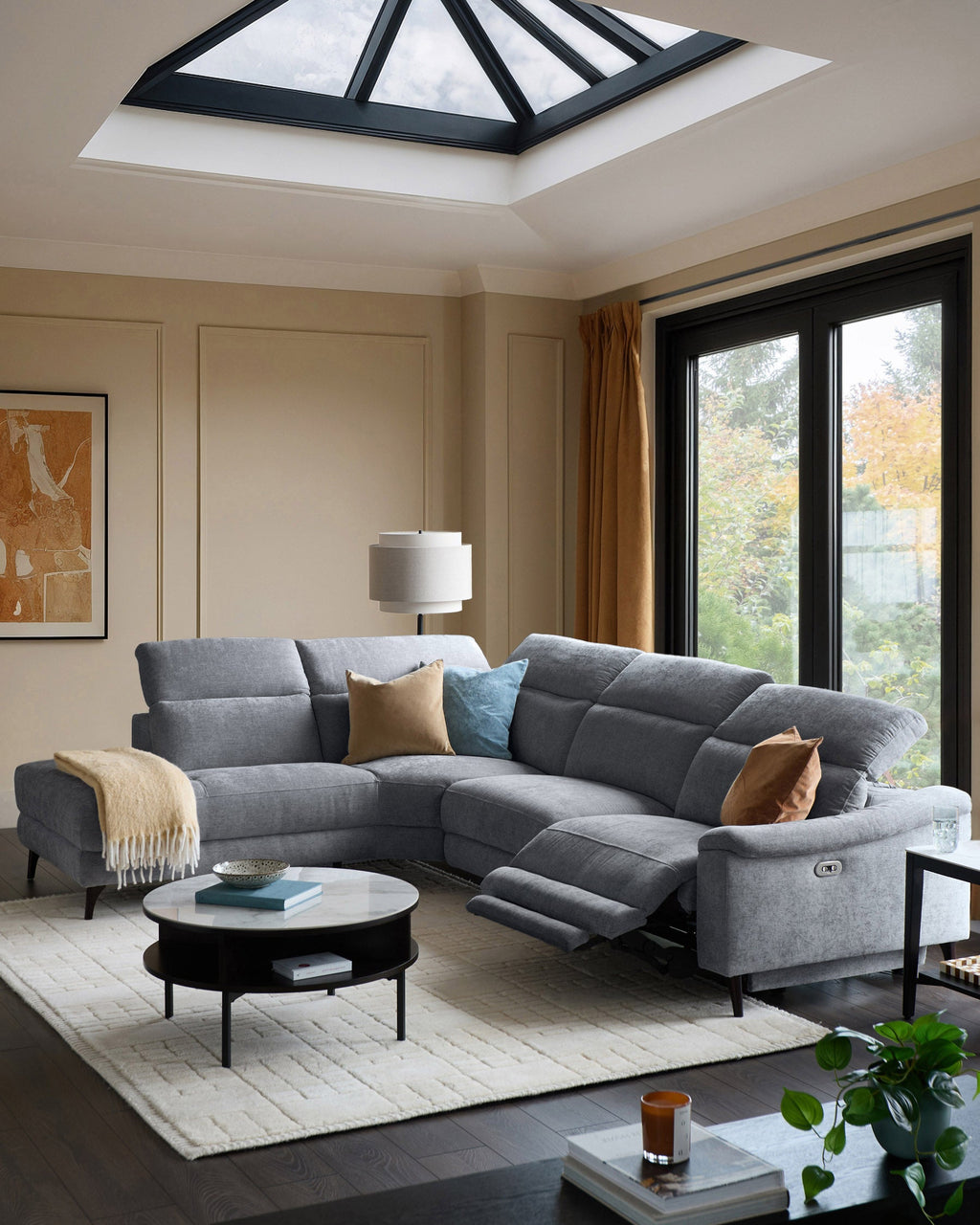 Canapé d'angle gauche inclinable en chenille bleu-gris serein