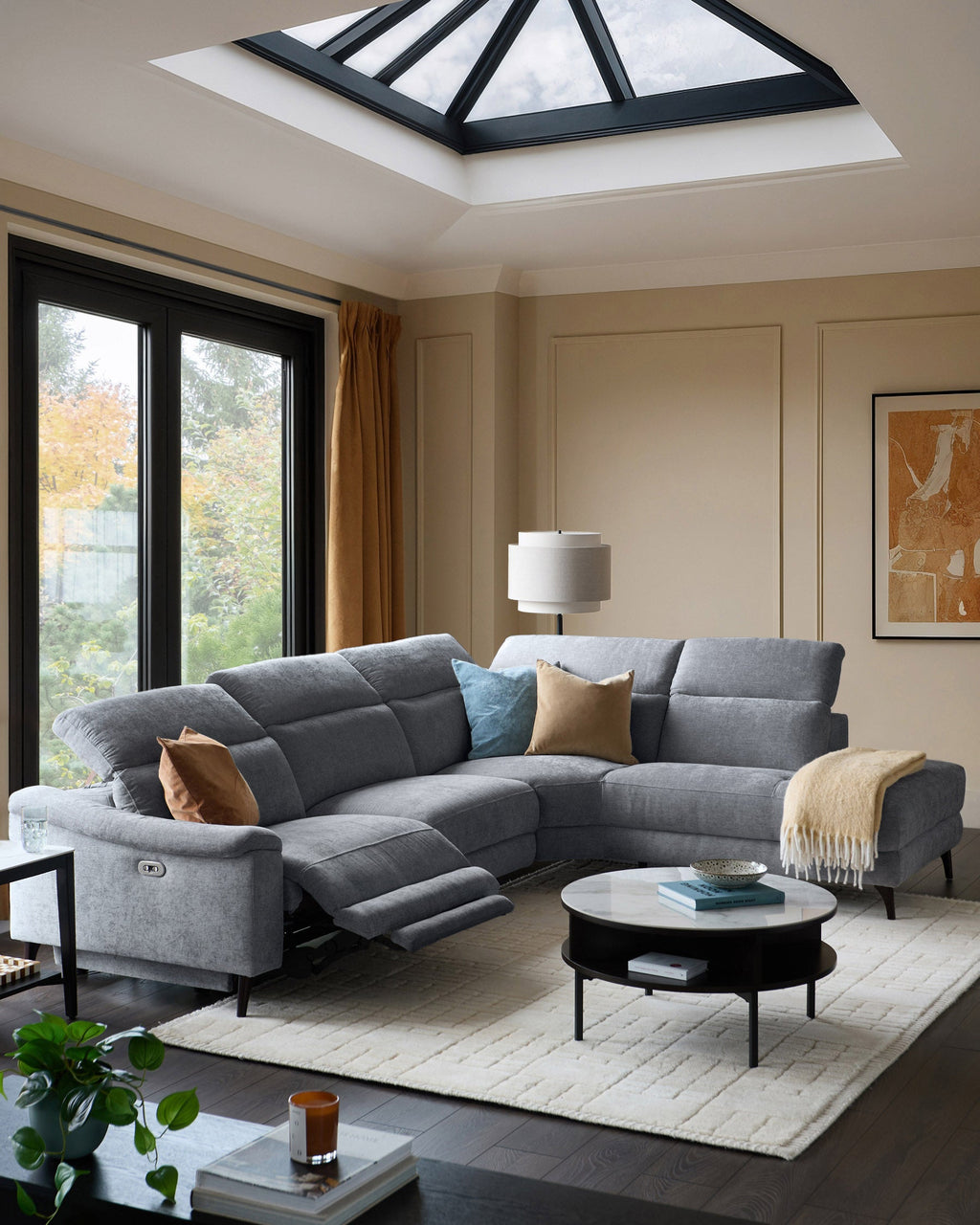 Canapé d'angle droit inclinable en chenille bleu-gris serein