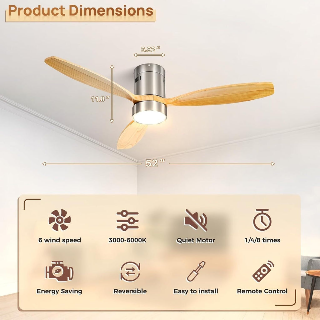 Ventilateur de plafond encastré Sofucor 52 pouces avec télécommande, moteur réversible et éclairage intégré en option
