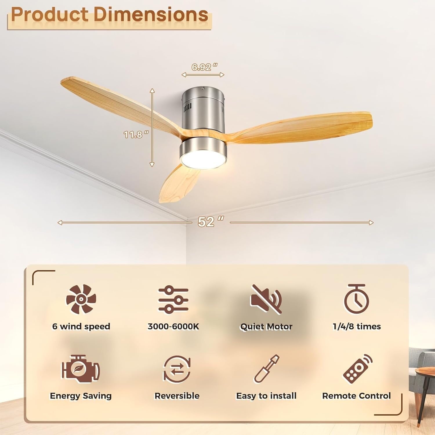 Ventilateur de plafond encastré Sofucor 52 pouces avec télécommande, moteur réversible et éclairage intégré en option