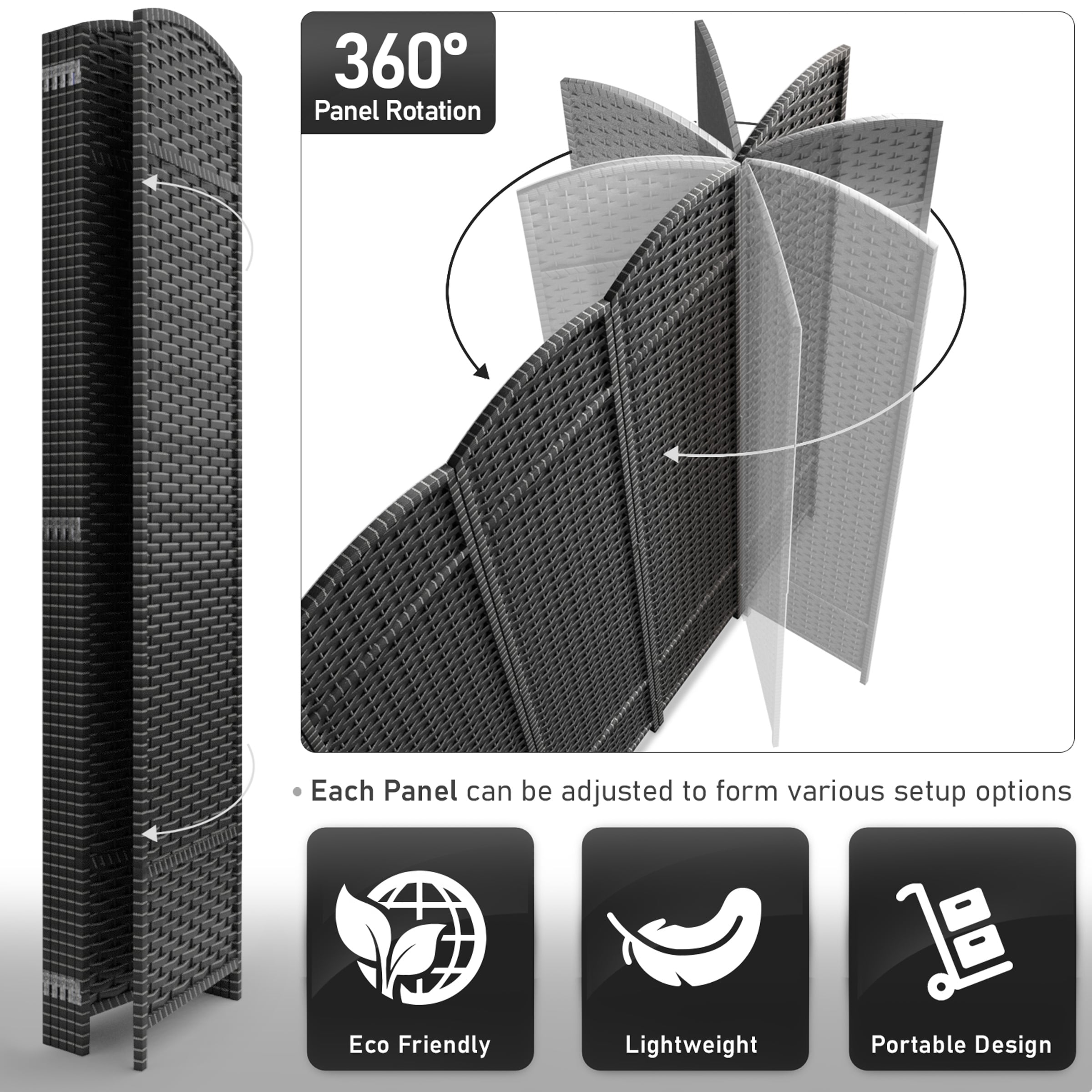 Séparateur de pièce Sorbus à 6 panneaux, cloison de séparation extra large et pliable, tissé à la main, à double charnière, en maille - 1,8 m