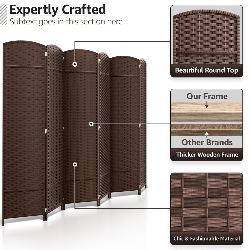 Séparateur de pièce Sorbus à 6 panneaux, cloison de séparation extra large et pliable, tissé à la main, à double charnière, en maille - 1,8 m