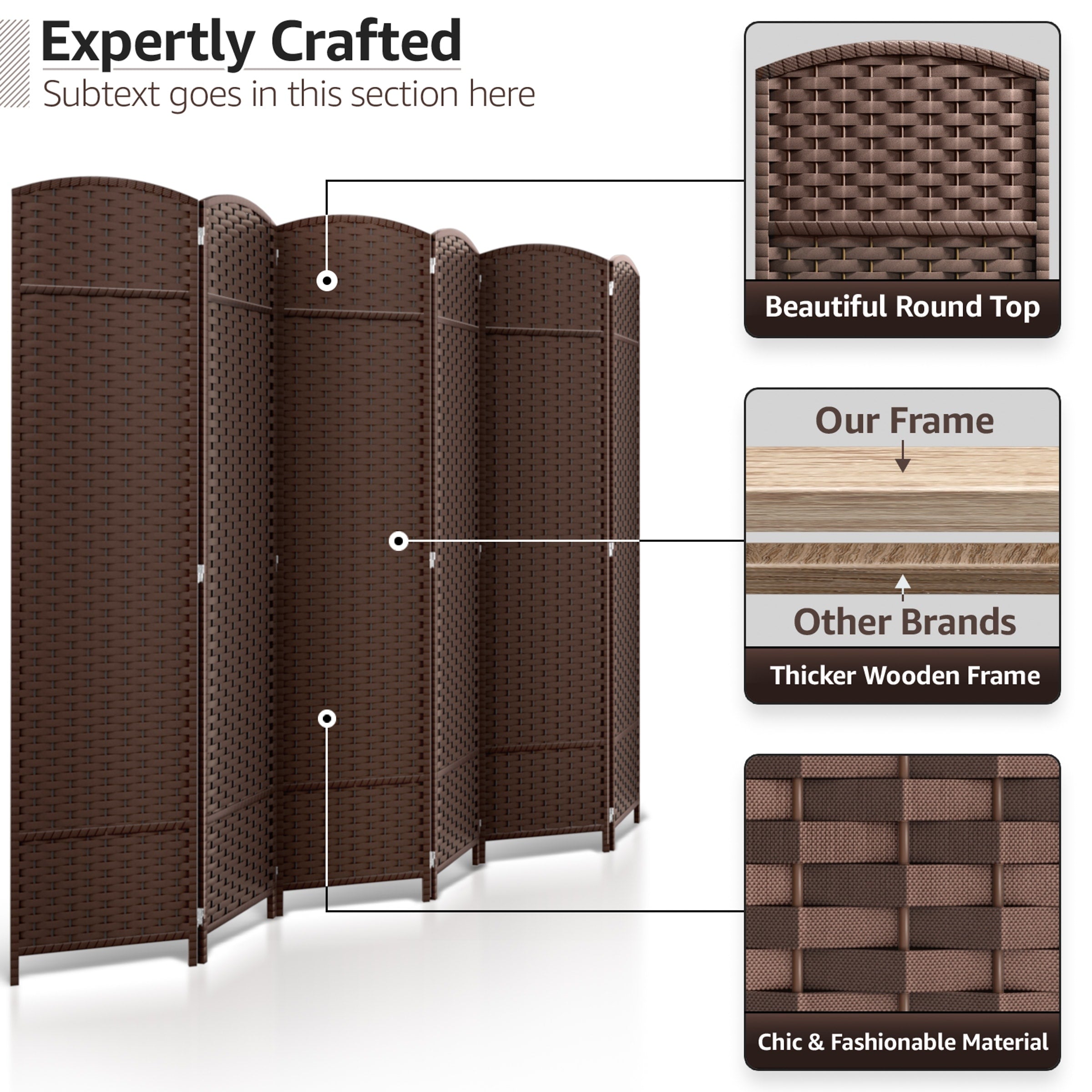 Séparateur de pièce Sorbus à 6 panneaux, cloison de séparation extra large et pliable, tissé à la main, à double charnière, en maille - 1,8 m