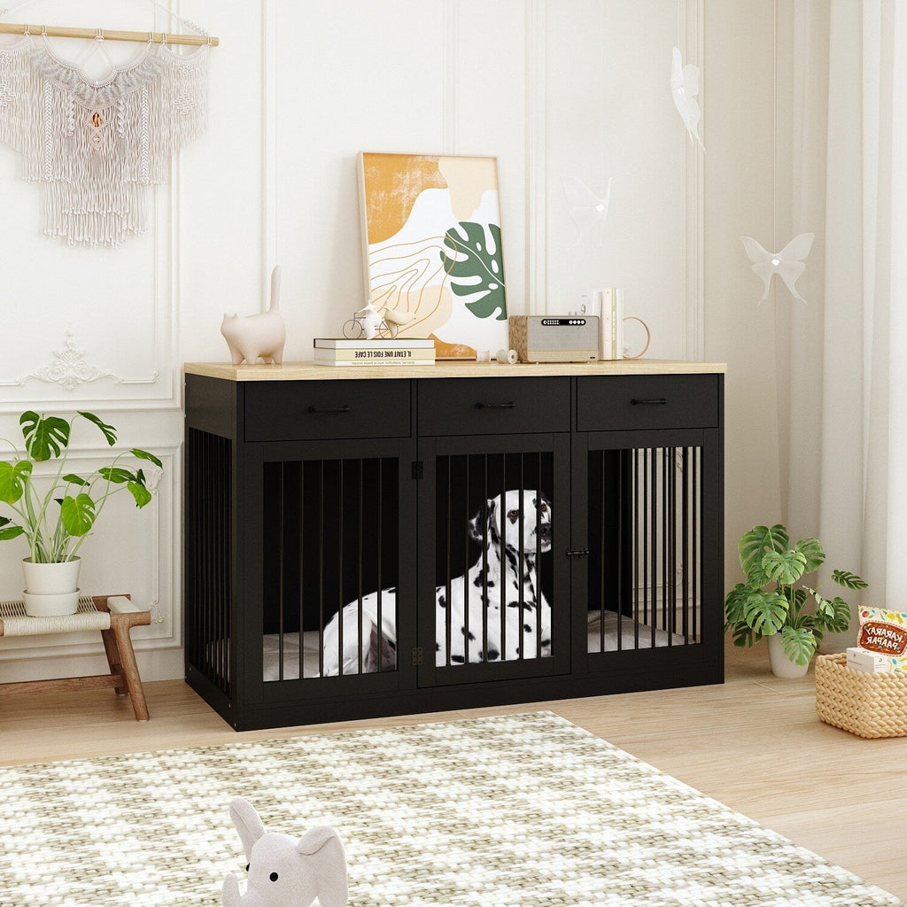 Élégant meuble en bois pour cage à chien avec rangement, 3 tiroirs
