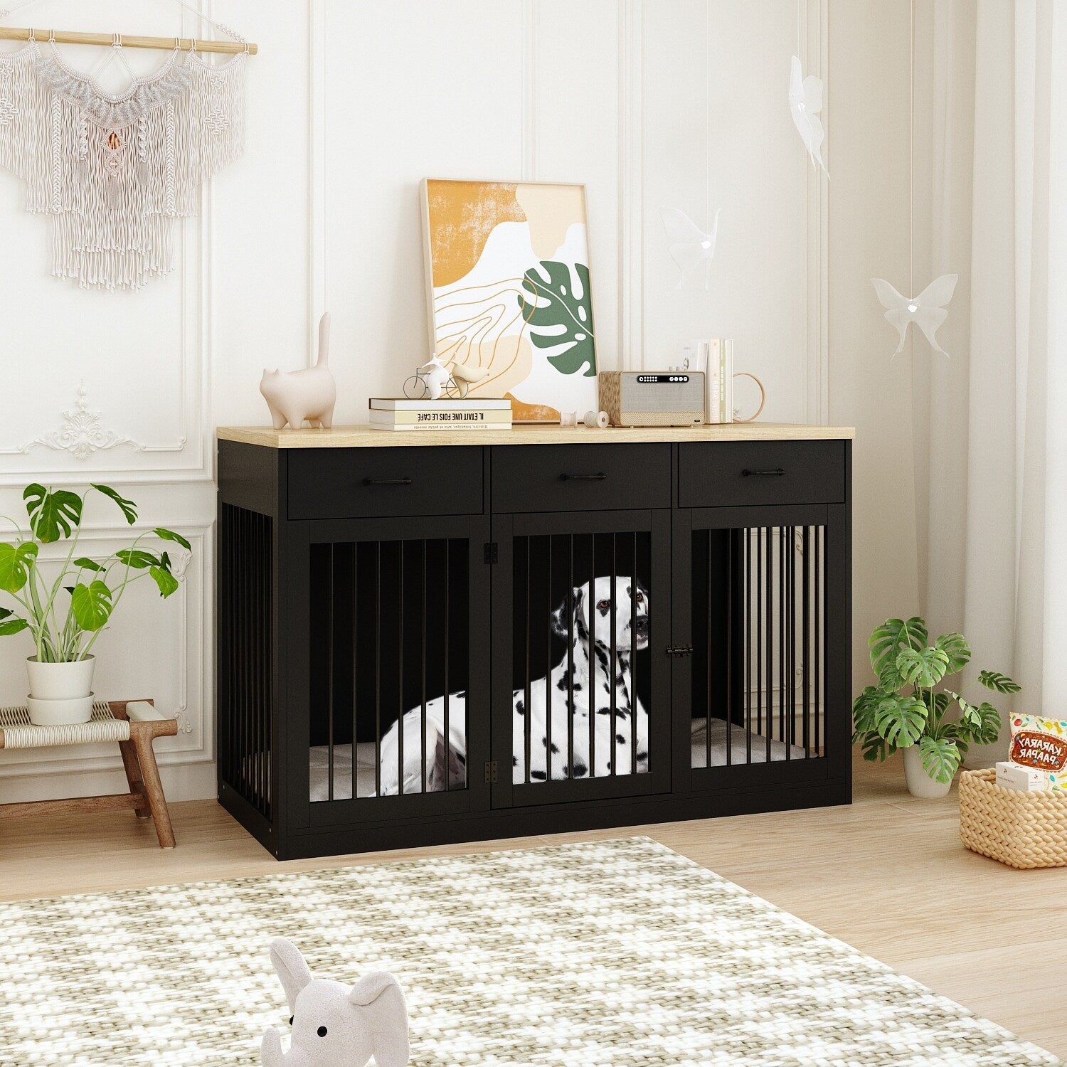 Élégant meuble en bois pour cage à chien avec rangement, 3 tiroirs