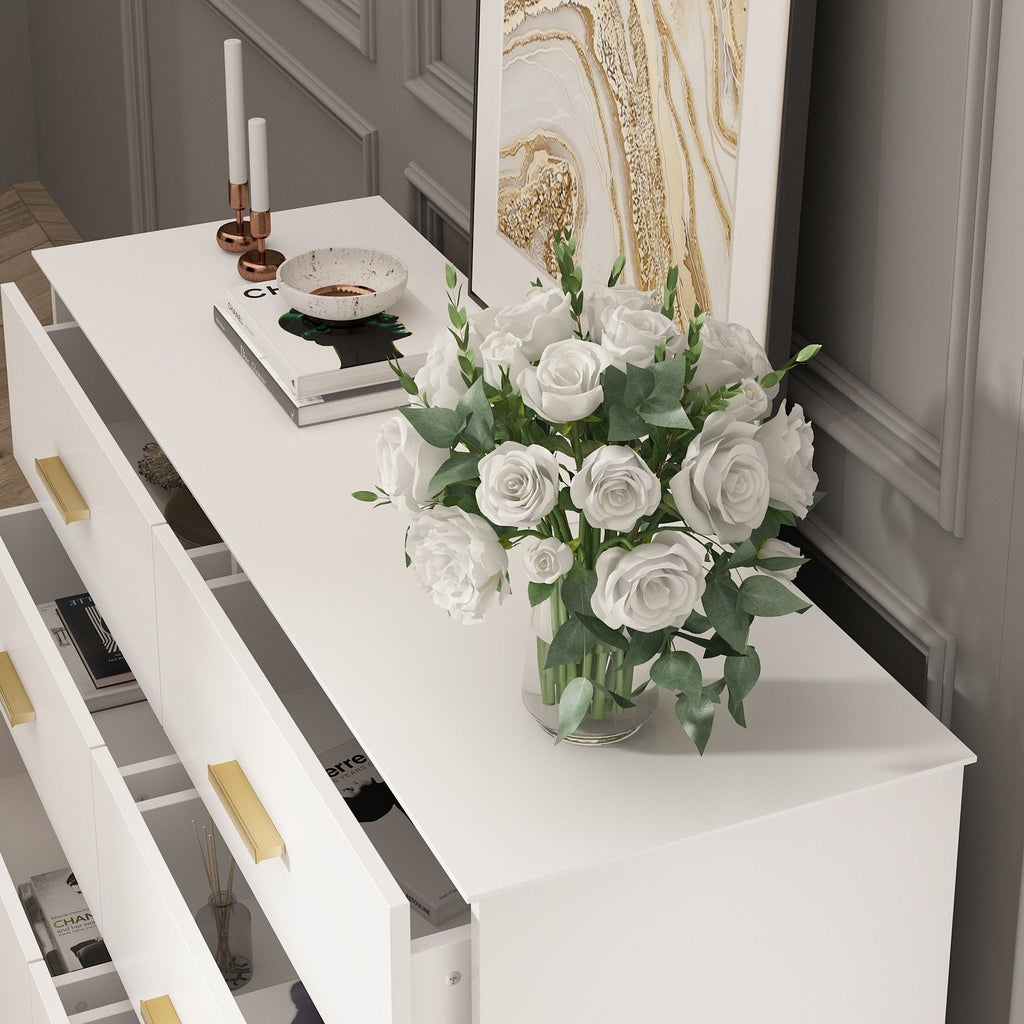 Commode double Timechee à 6 tiroirs, 47,2 po de largeur, pieds en bois massif, coffre laqué