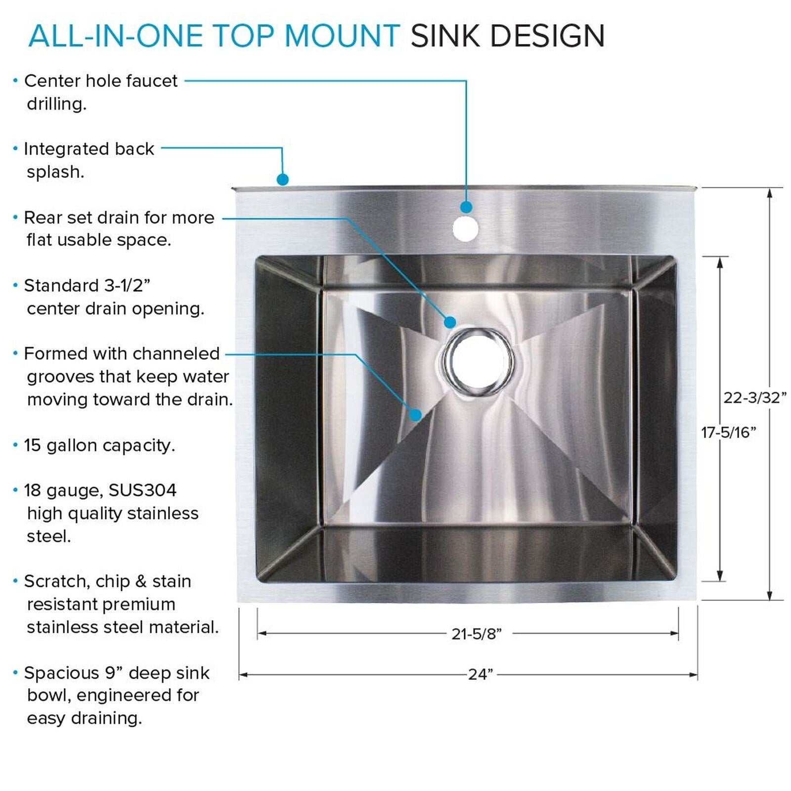 Évier de buanderie et lavabo en acier inoxydable Transolid EWS-2422S de 24 po de largeur x 22 po de profondeur x 35 po de hauteur - 24 po x 22 po