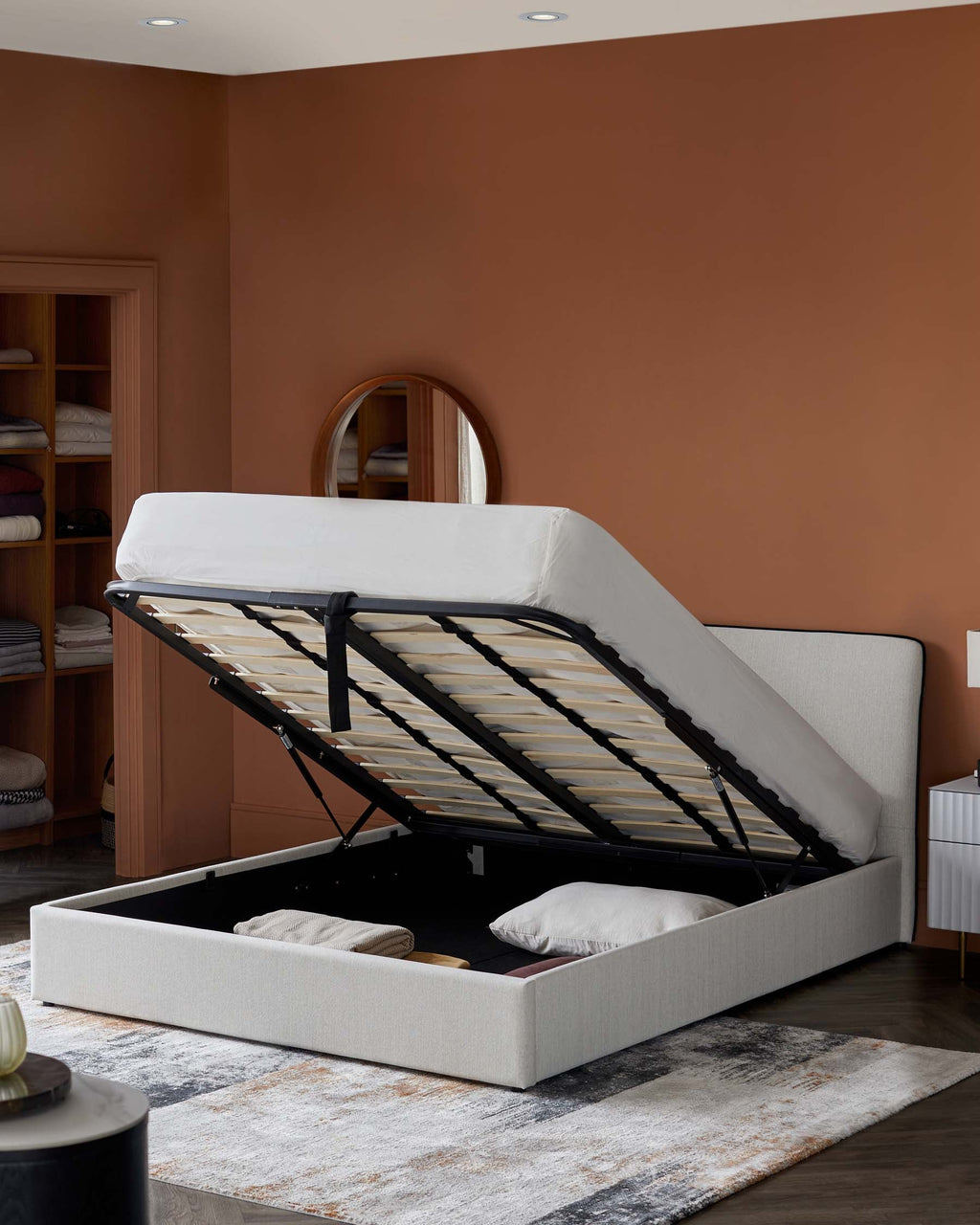 Lit coffre double Turin en tissu bicolore ivoire