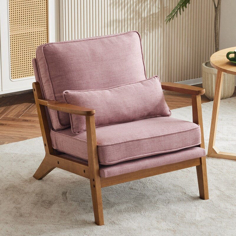 Fauteuil d'appoint rembourré en lin mélangé avec pieds en bois et un coussin beige