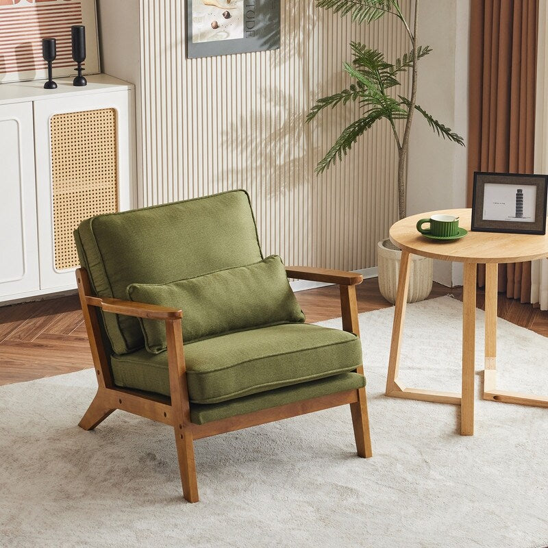 Fauteuil d'appoint rembourré en lin mélangé avec pieds en bois et un coussin beige