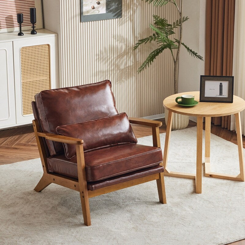 Fauteuil d'appoint rembourré en lin mélangé avec pieds en bois et un coussin beige