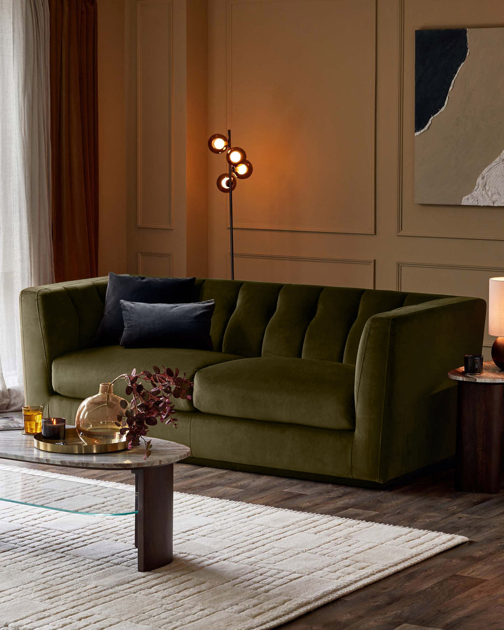Canapé 3 places Valentina en velours vert olive