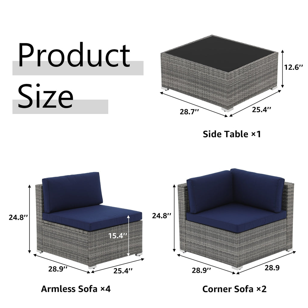 Ensemble de canapés d'extérieur sectionnels rembourrés en osier et acier, 7 pièces