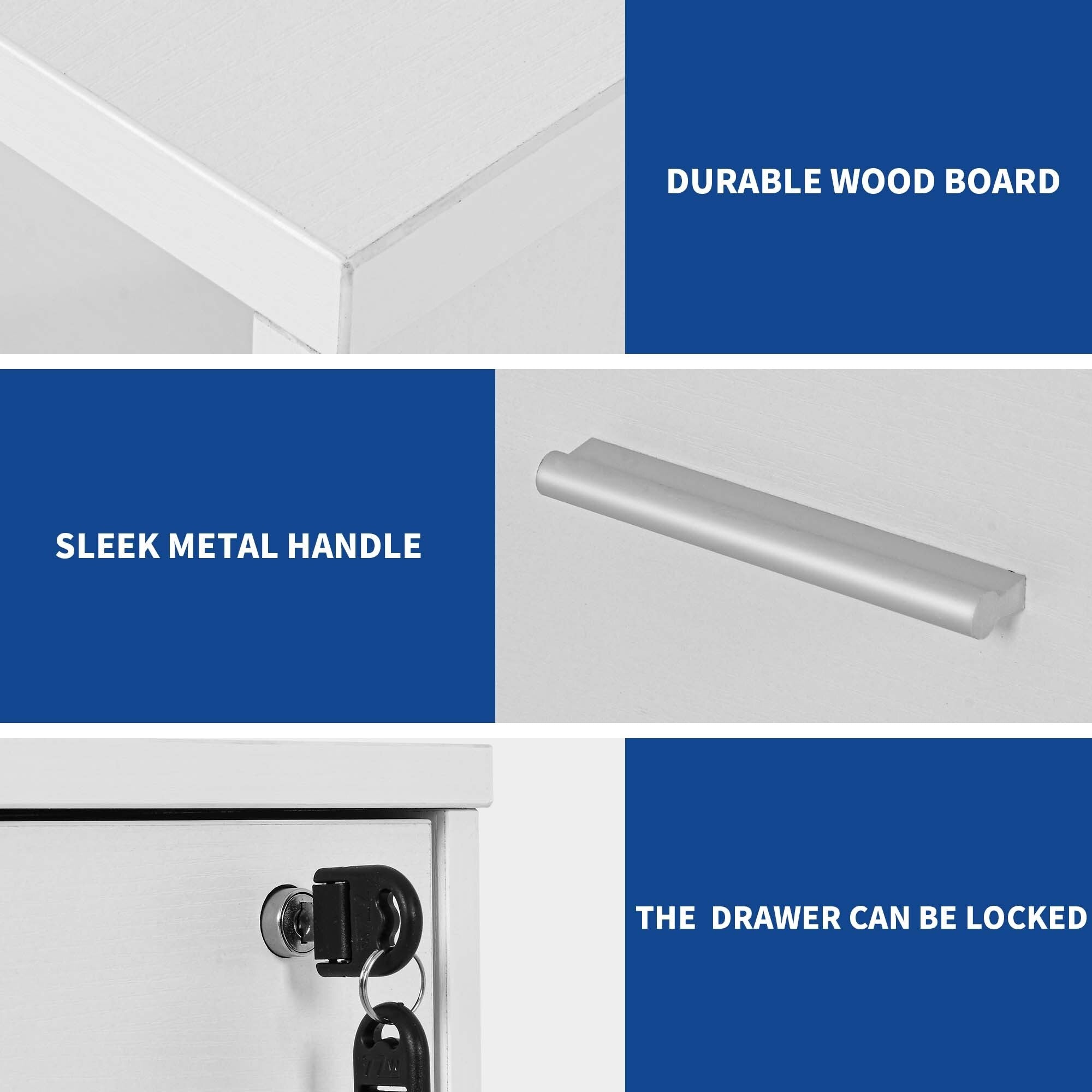 Classeur latéral mobile en bois avec station de charge verrouillable, compatible avec les dossiers de format A4, Lettre et Légal