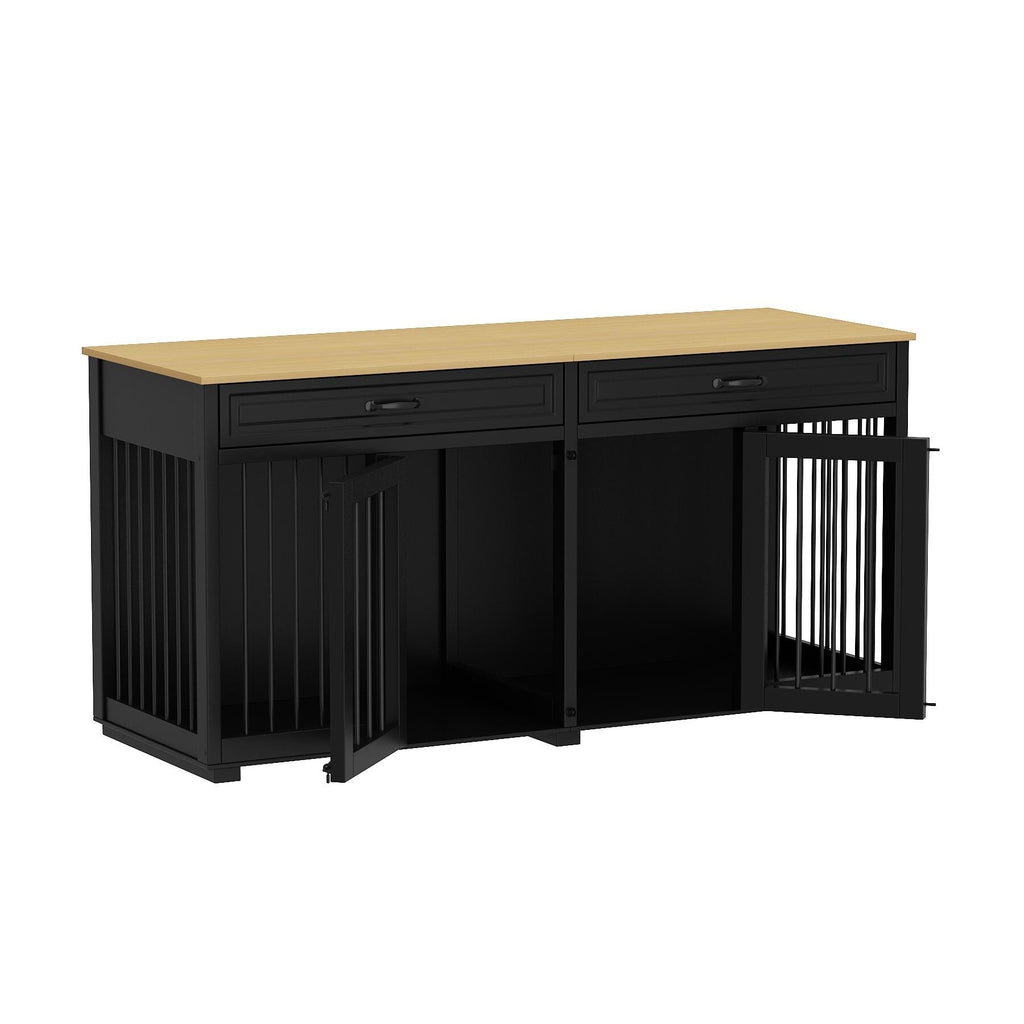 Cage double en bois pour chien avec 2 tiroirs et séparateur