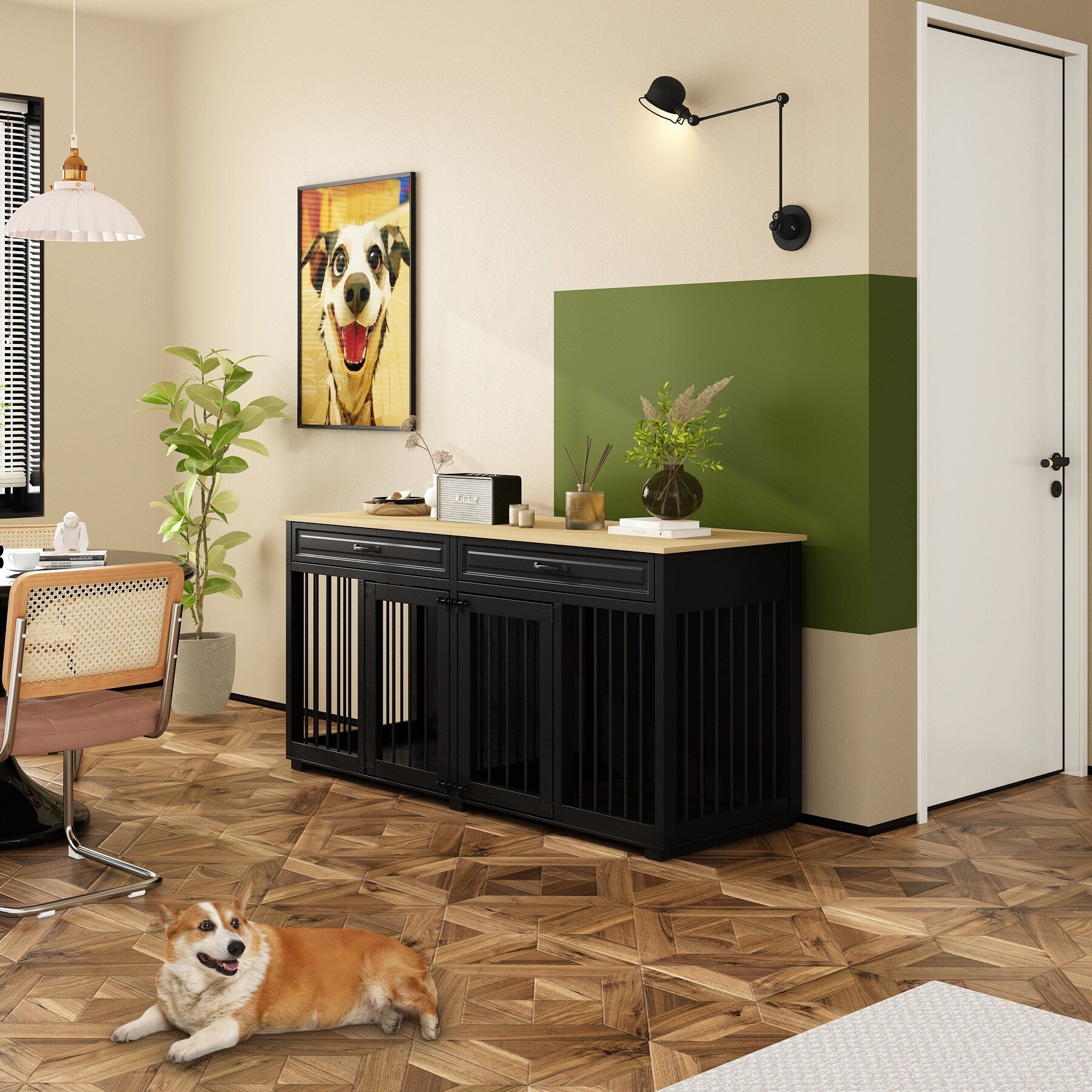 Cage double en bois pour chien avec 2 tiroirs et séparateur